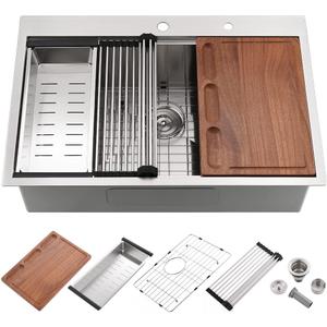 27 Inch Drop In Kitchen Sink Workstation-iAnomla 27x22 Stainless Steel Kitchen Sink Drop In Topmount Workstation Sinks 16 Gauge 10 Inch Deep Single Bowl with Cutting Board (Brushed Nickel)