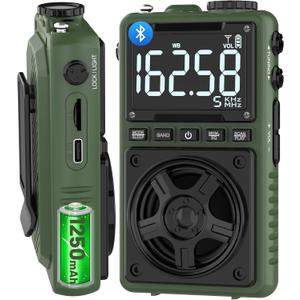 Bluetooth AM FM Shortwave Radio with NOAA Weather Alert,1250mAh Rechargeable Portable Pocket Radio with Best Reception,5W Big Speaker, Digital Tuner and Earphone,Support SD Card and USB MP3 Player (Green)