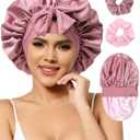 2 x Satin Bonnets Silk Bonnet for Sleeping Women Hair Bonnet for Curly Hair Sleep Cap Reversible Double Layer Bonnets with Tie Band (Bean Paste Pink Bonnet + Satin Scrunchies) (7-7 3/8)