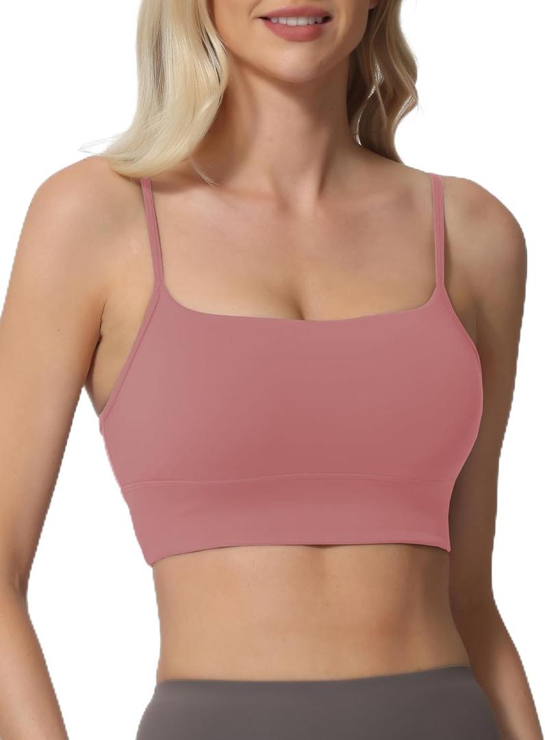 Sports Bras for Women Spaghetti Strap Padded for Yoga Running Gym Workout, Wireless Scoop Neck Bras Crop Tank Top (Pink, L)