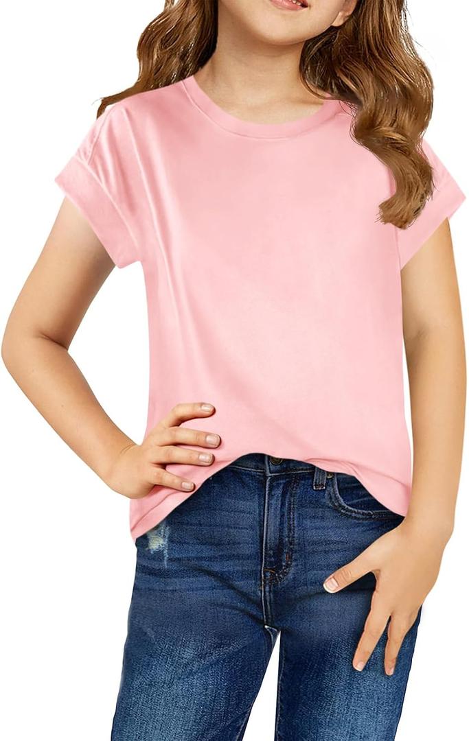 2 x Haloumoning Girls Summer Cap Sleeve Shirts Kids Casual Cute Crewneck Tunic Tops Tees 5-14 Years (Pink)