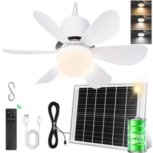 Solar Ceiling Fan with Light, 18000mAh Rechargeable Camping Fan with Remote, 450CFM Strong Airflow, 17.5'' Portable Outside Battery Powered Ceiling Fan for Gazebo, Canopy, Tent, RV, 12.1 x 5.2 x 8.5 inches