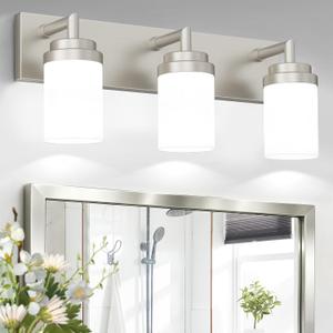 Bathroom Light Fixtures, Brushed Nickel Bathroom Lighting Fixtures Over Mirror, Modern Vanity Light with White Glass Shade, Restroom Lighting Fixtures, 3-Light 22-inch