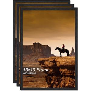 A PLUS MAX 13x19 Picture Frame Set of 3, Black Engineered Wood Frame for 13 x 19 Inch Picture Poster Photo, Light Weight 13 by 19 Frame with Wood-grain for Wall - 3 Pack/Black/13 x19