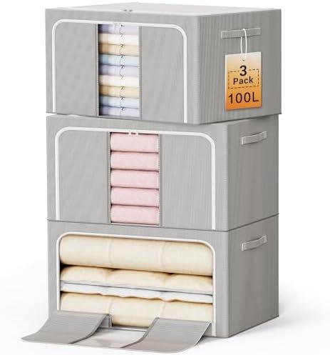 LeArex Clothes Storage Bins with Metal Frame Foldable Storage Box Clothes Organizers Storage Containers for Clothes Sheets Blankets Books Toys Gifts and Holiday Decorations (100L x 3 Pack)