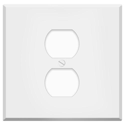 White Metal Centered Duplex Receptacle Wall Plate, 2-Gang With Centered Device, Standard Size 4.5" x 4.56",Rocker, Toggle, Duplex Outlet Cover, Made In USA, Corrosion Resistant