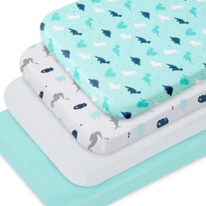 4 Pack Pack and Play Fitted Sheets, 24" x 42" Compatible with Guava Lotus Travel Crib and Other Travel Light Playard Mattress, Ultra Soft and Skin-Friendly, Aqua