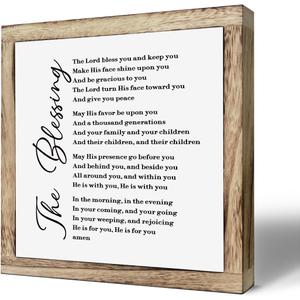 Rustic Christian Wooden The Blessing Sign Farmhouse Bible Verse Box Plaque 9.89.8in, Religious Wall Art for Living Room or Shelf Decor, Inspirational Home Decoration, Housewarming or Christian Gift