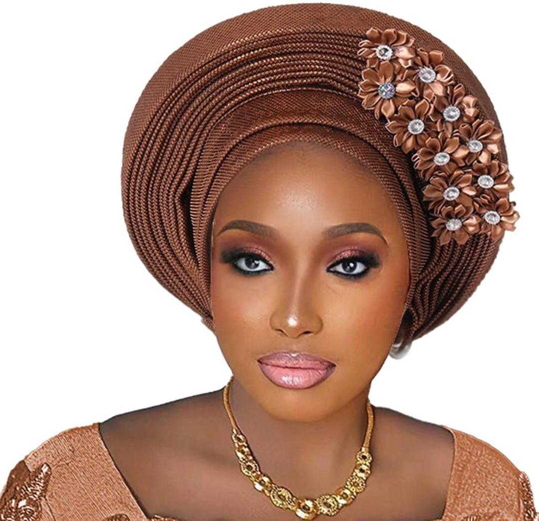 Pre-Tied Nigerian Auto Gele Head Tie African ASO Oke Headwrap Handmade Turban Hat Cap for Women Wedding Party (One Size, Brown)