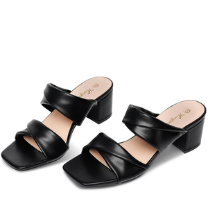 Summer Sandals for Women - 2 Inch Heeled, Chunky, Block Heel, Open Toe, Soft Straps, Comfortable, Casual, Walking Sandals - Black, Size 6