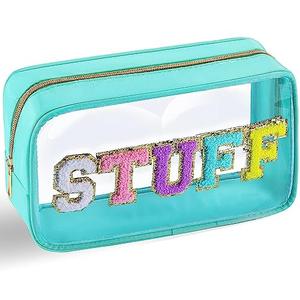 URSKYTOUS Chenille Letter Clear Makeup Bag Nylon Preppy Patch Stuff Cosmetic Bag with Zipper Large Clear Travel Makeup Pouch Transparent PVC Waterproof Toiletry Organizer Storage for Women (Blue)