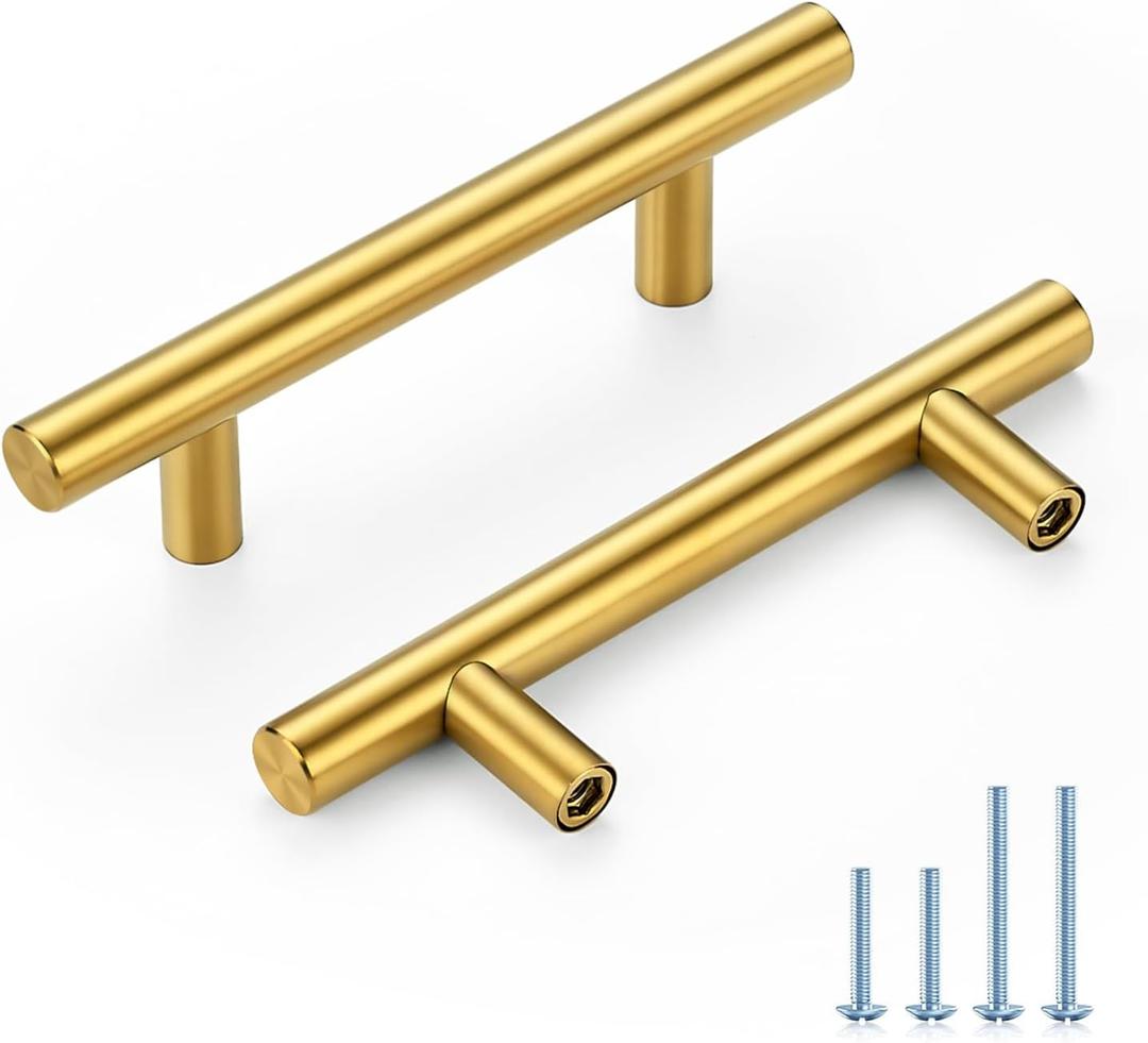 Brushed Brass Cabinet Handles 3 Inch Hole Spacing, Stainless Steel Drawer Pulls for Cabinets, Kitchen, Bathroom, Dresser 10 Pack