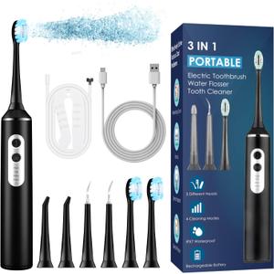 Electric Toothbrush with Water Flosser Combo, 3 in 1 Ultrasonic Toothbrush & Dental Oral Irrigator & Tooth Cleaner with 4 Modes, One Switch from Sonic Brushing to Water Flossing for Home Travel