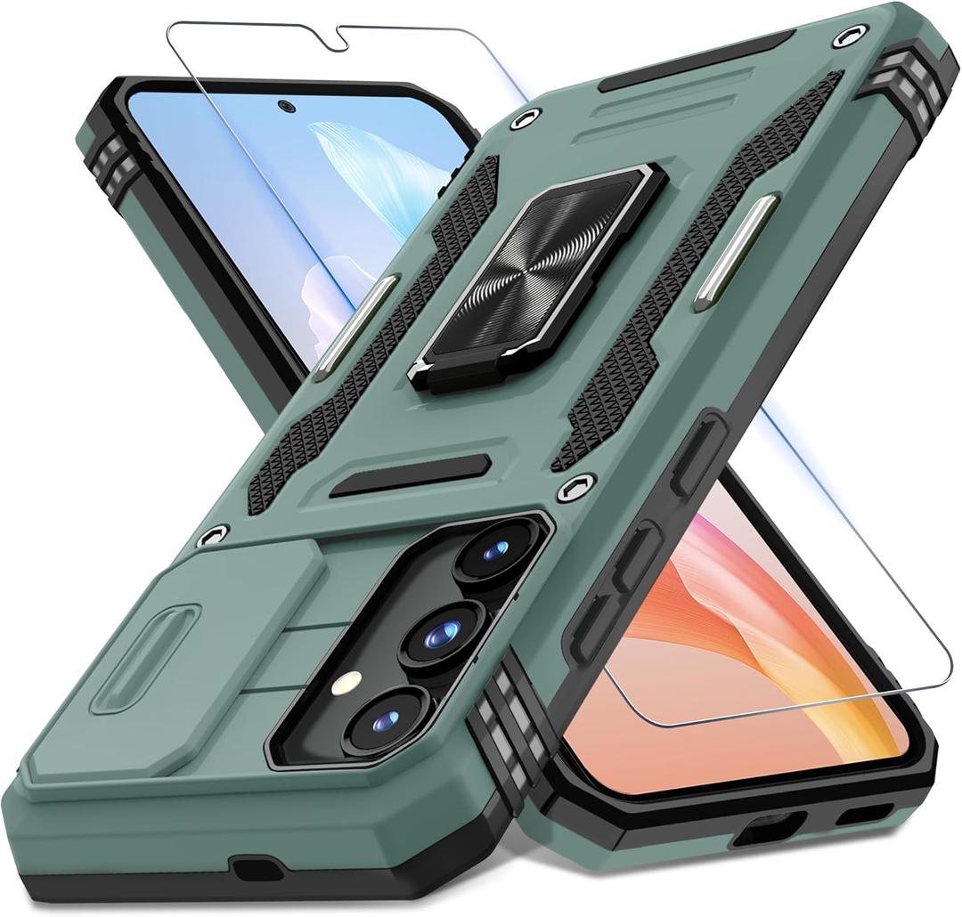 DEERLAMN Case for Samsung Galaxy S25+ Plus 6.7-Inch with Slide Camera Cover+Screen Protector(1 Pack), Rotated Ring Kickstand Military Grade Shockproof Protective Cover-Green