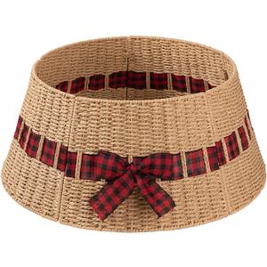 OIAHOMY Christmas Tree Collar, Wicker Holiday Tree Skirt & Stand Base Cover, Paper Rope Christmas Decor with a Bow Tie, Natural-24 inch