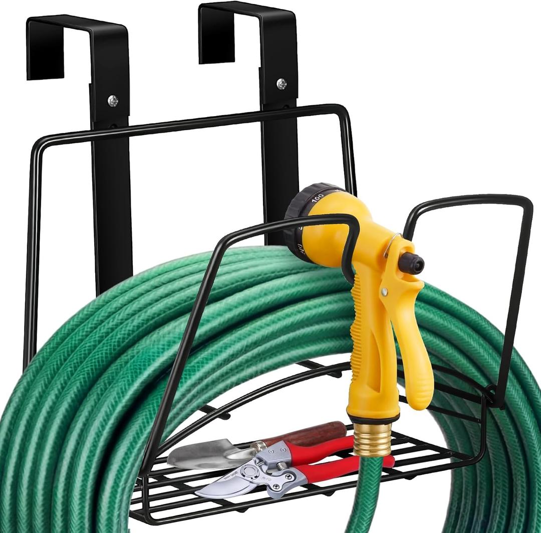 Frienda Garden Hose Holder with Storage Basket Heavy Duty Wall Mount Hose Hanger Metal Water Hoses Holder Fence Storage Organizer Nails for Extension Cords Outdoor Garden Yard(Movable Type,Black)