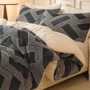 Tufted Boho Comforter Set Queen - Gray Fluffy Sherpa Bedding Set, Soft Fuzzy Jacquard Quilt Set, 3 Pieces Cozy Bed Set Warm Comforter for Winter (90"x90")