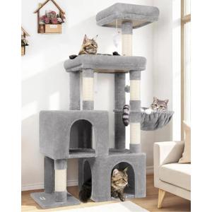 Globlazer Cat Tree Tower with 2 Cat Condos for Multiple Indoor Cats, 52in Multi-Level Plush Cat Condo Tower with 5 Sisal Scratching Posts, 2 Padded Perches, Big Basket, Widened Base, S52, Light Grey