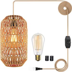 Boho Plug in Pendant Light Rattan Hanging Lights with 15FT Cotton Cord & Stepless Dimming Switch, Woven Wicker Basket Hanging Lamps for Bedroom Kitchen Island Living Room (Brown)