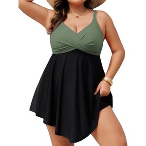 Hanna Nikole Women Plus Size One Piece Swim Dress Tummy Control Swimsuits Twist Front Bathing Suit Body Shaping Swimwear (Green Black) US 22