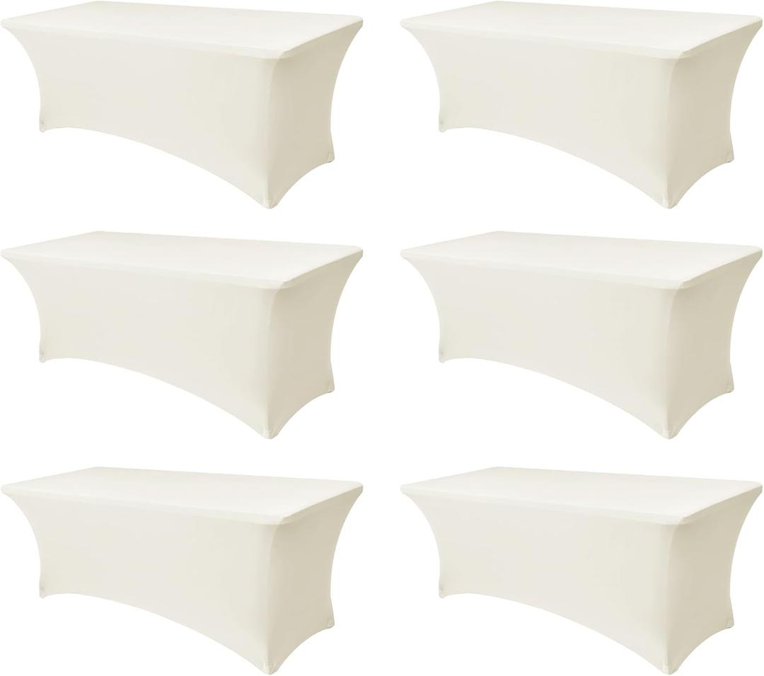 Spandex Table Cloths for 6 Foot Rectangle Tables-6 Pack Fitted Stretch Cream Table Covers-Elastic Folding Tablecloths for Party, Vendor Booth Display, Banquet Buffet Event, Craft Trade Show
