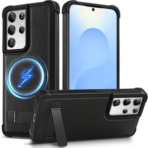 KEZiHOME Compatible for Samsung Galaxy S21 Ultra Case, Premium Genuine Leather [Built-in Kickstand] [Shockproof] [Drop-Proof], Magnetic Protective Phone Cover Case for Galaxy S21 Ultra 5G (Black)