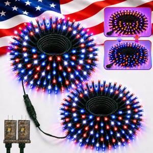 400LED Red White and Blue Lights, 2Pack 152ft Connectable 4th of July String Lights Outdoor, Waterproof 11 Modes 2 Festival Color Patriotic Light for Independence Day Halloween(RWB & Purple Orange)