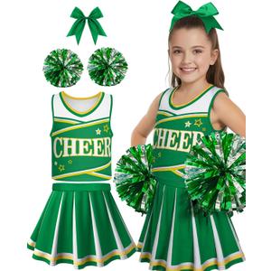 JenPen Cheerleader Costume for Cute Cheerleading Outfit Cheer Uniform for Halloween Dress Up with Accessories (L(7-9year), Green)