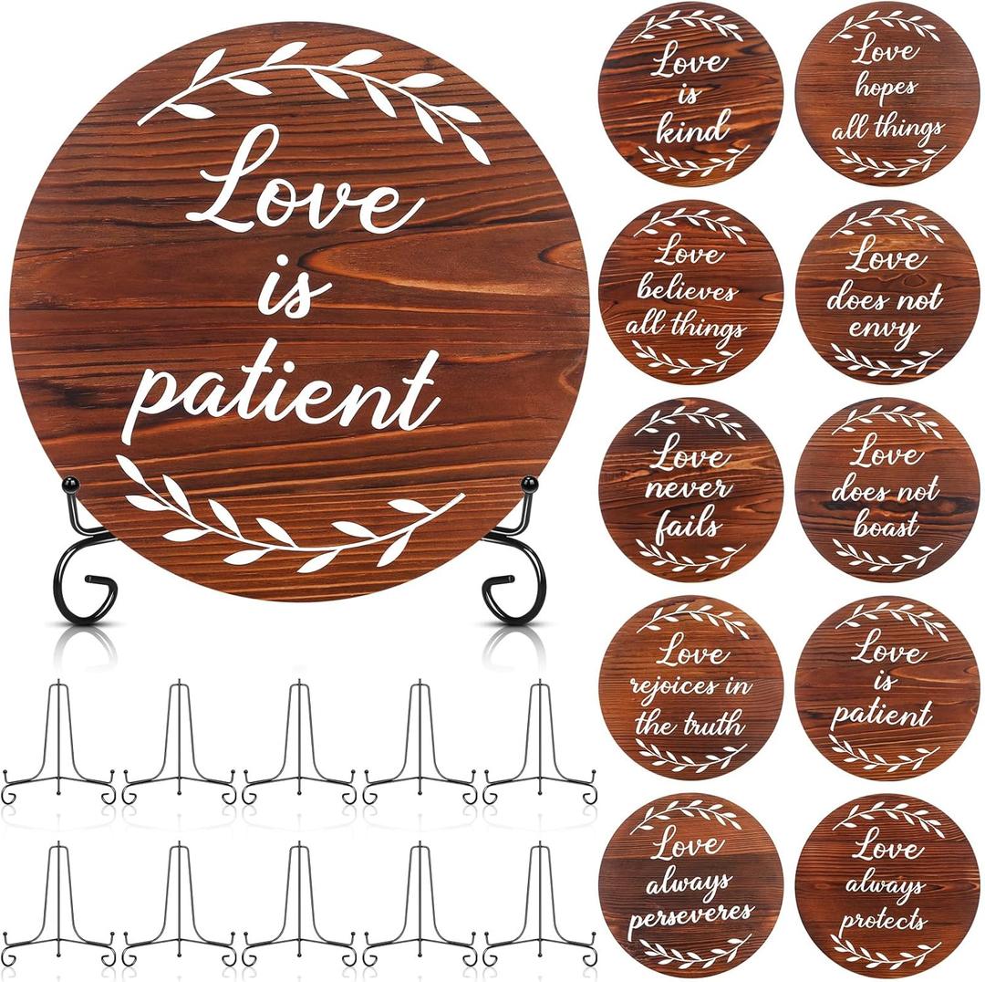 10 Sets Aisle Signs with Holders - 1 Corinthians 13 Round Wooden Signs, 10.8 Inch Love is Patient Kind Rustic Wood Wedding Signage Bible Verses Wall Decor Gift