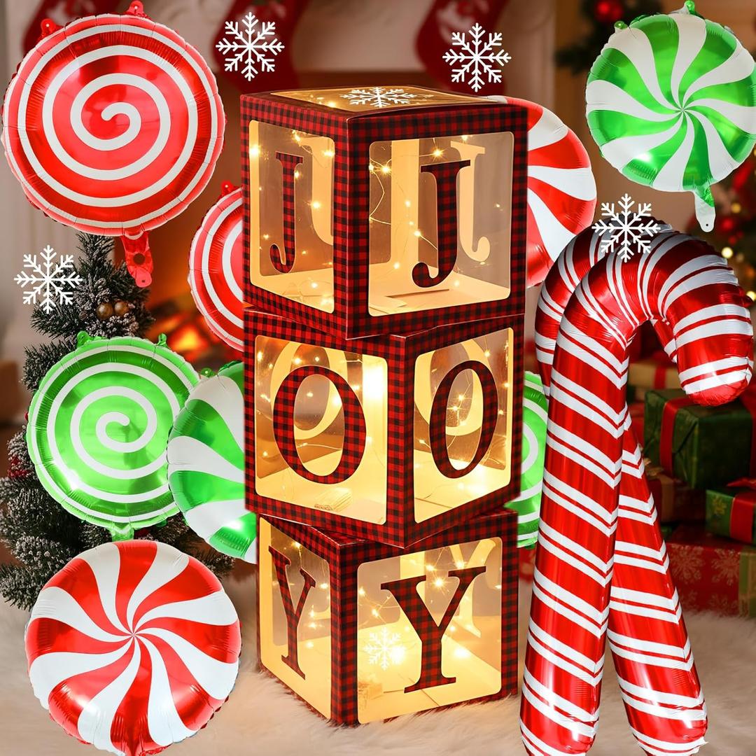 Christmas Joy Pattern Lighted Gift Boxes 16 Pcs Christmas Party Decorations, Large Red and Black Checkered Transparent Box with Warm Light String, Xmas Decorations for Holiday Party, Fireplace Decor
