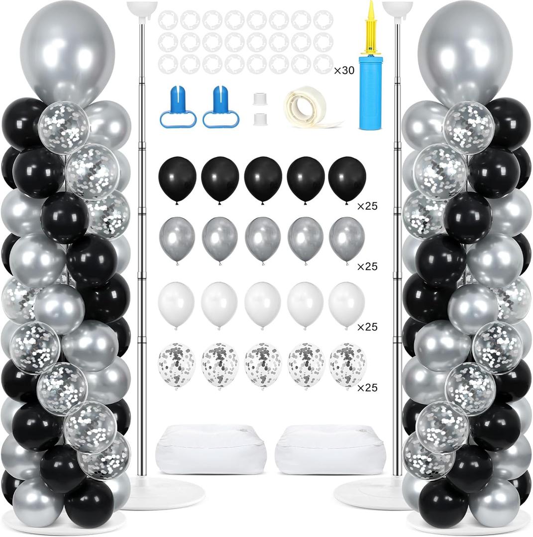 2 Sets Black and Silver Balloon Column Stand Kit with 100 Balloons Graduation Adjustable Tower Stand with Base for Floor Spring Mother's Day Column for Birthday Wedding Party Decor