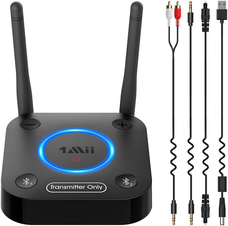 1Mii B06TX Bluetooth 5.3 Transmitter for TV to Wireless Headphone/Speaker, Bluetooth Adapter for TV w/Volume Control, AUX/RCA/Optical/Coaxial Audio Inputs, Plug n Play, aptX Low Latency & HD