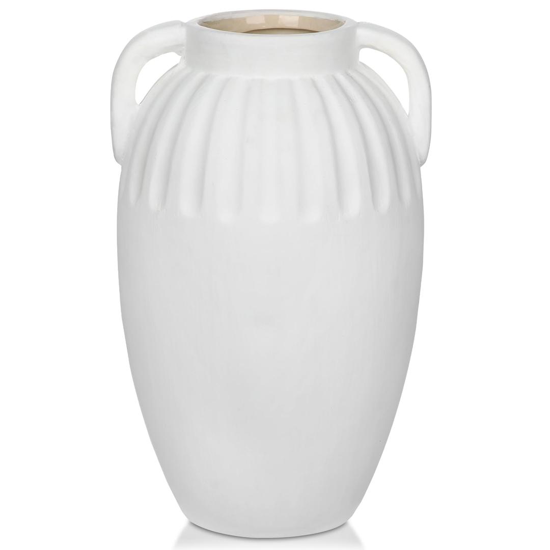 Ceramic Rustic Farmhouse Vase, 9 inch Pottery White Flower Vase with 2 Handles for Centerpieces Pampas Grass Boho Modern Rustic Farmhouse Decor for Living Room Kitchen Countertop Dinner Table Shelves