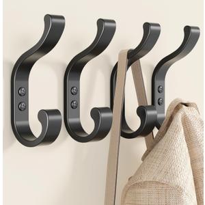 4 Pack Large Wall Hooks for Hanging Coats - Black Heavy Duty Coat Hooks Wall Mounted, Screw-in Hooks for Towels, Clothes, Backpacks, Bags, Robes, Hats, Keys - Closet and Bathroom Hook Hangers