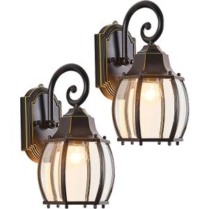 Dusk to Dawn Outdoor Wall Light Vintage Wall Lamp Outside with IP65 Sensor Exterior Light Fixtures Wall Mount Porch Light E26 Exterior Wall Sconces in Black with Gold Rim for House 2-Pack