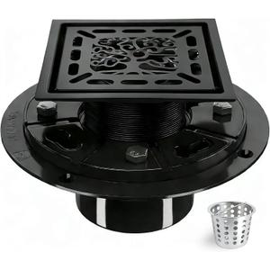 4 Inch Shower Drain, Square Shower Floor Drain Kit with Flange and Removable Cover Grate, AISI 304 Stainless Steel, Matte Black