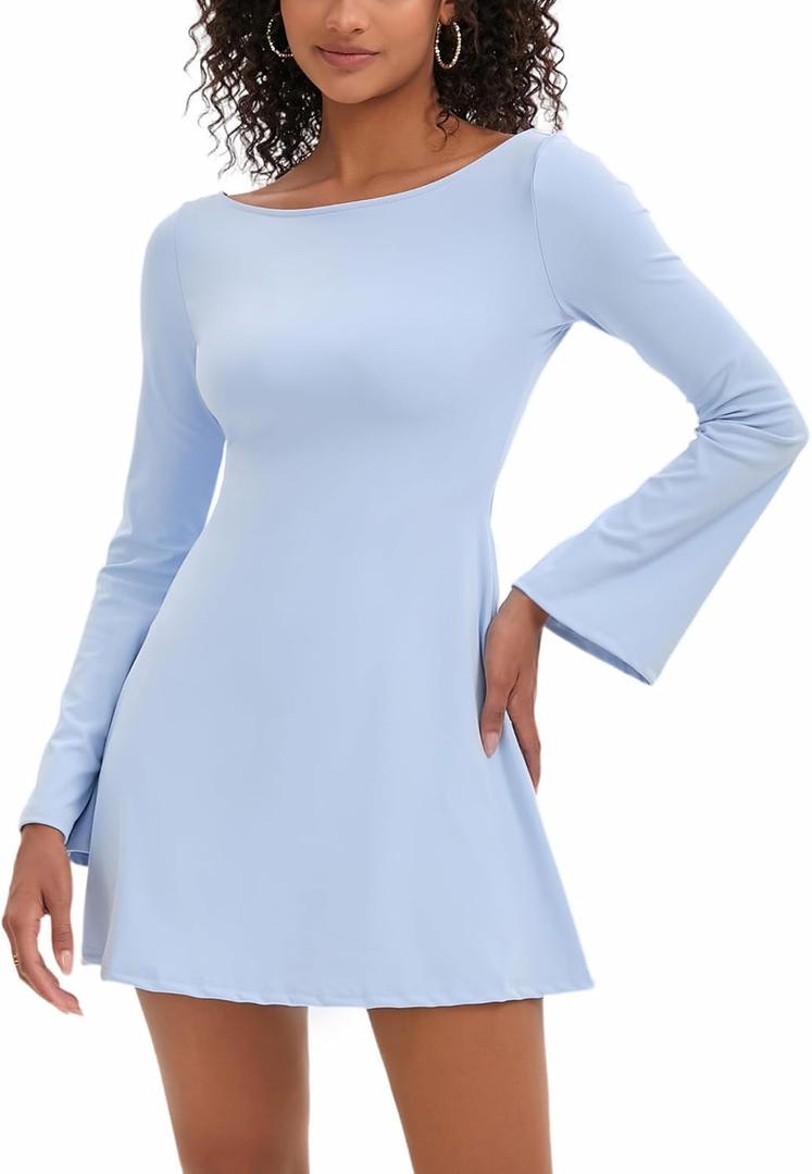 Topcloset Women's Tennis Dress Open Back Long Sleeve Dress Flare Mini Dresses Party Club Dress, Blue, Small
