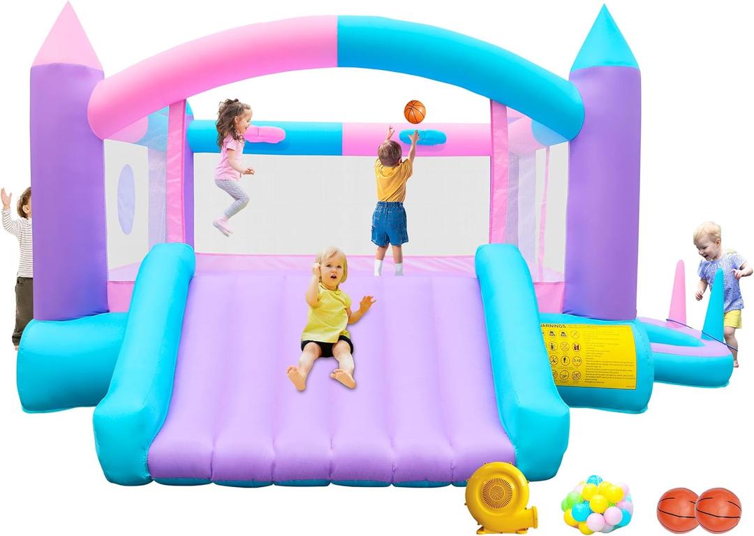 Inflatable Bounce House with Slide, Bouncy Castle for 4 Kids with Blower, 160 x 135 x 70 inches Jumping Bouncer with Ball Pit, Dual Basketball Hoops