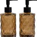 Brown Glass Soap Dispenser with Black Plastic Pump, 12oz Refillable Liquid Hand Soap Dispenser, 2 Pack Crystal Lotion Bottle for Modern Home Decor, Bathroom, Kitchen Countertop, Hotel (Brown)