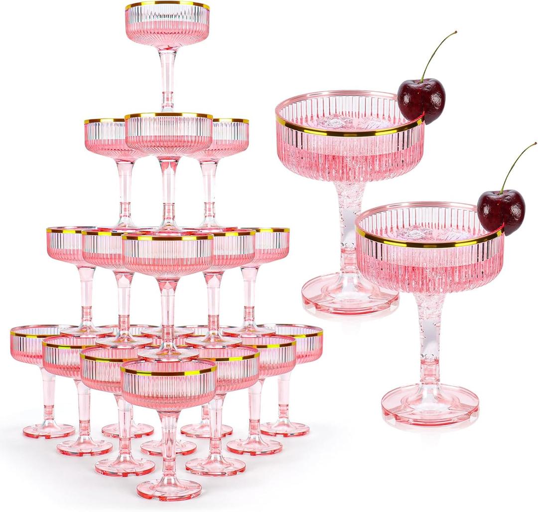 30 Pack Pink Champagne Glasses Tower 7 OZ Plastic Coupe Glasses With Gold Rim Stackable Martini Glasses Champagne Coupe Glass Stemmed Champagne Glass For Weddings Birthday Party Bar Hosting Glassware