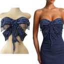 Butterfly Shape Bodysuit Applique Pure Hand-Stitched Beads and Crystal Patches Creative Tassels Shiny Dress Decorative Accessories (Deepblue)