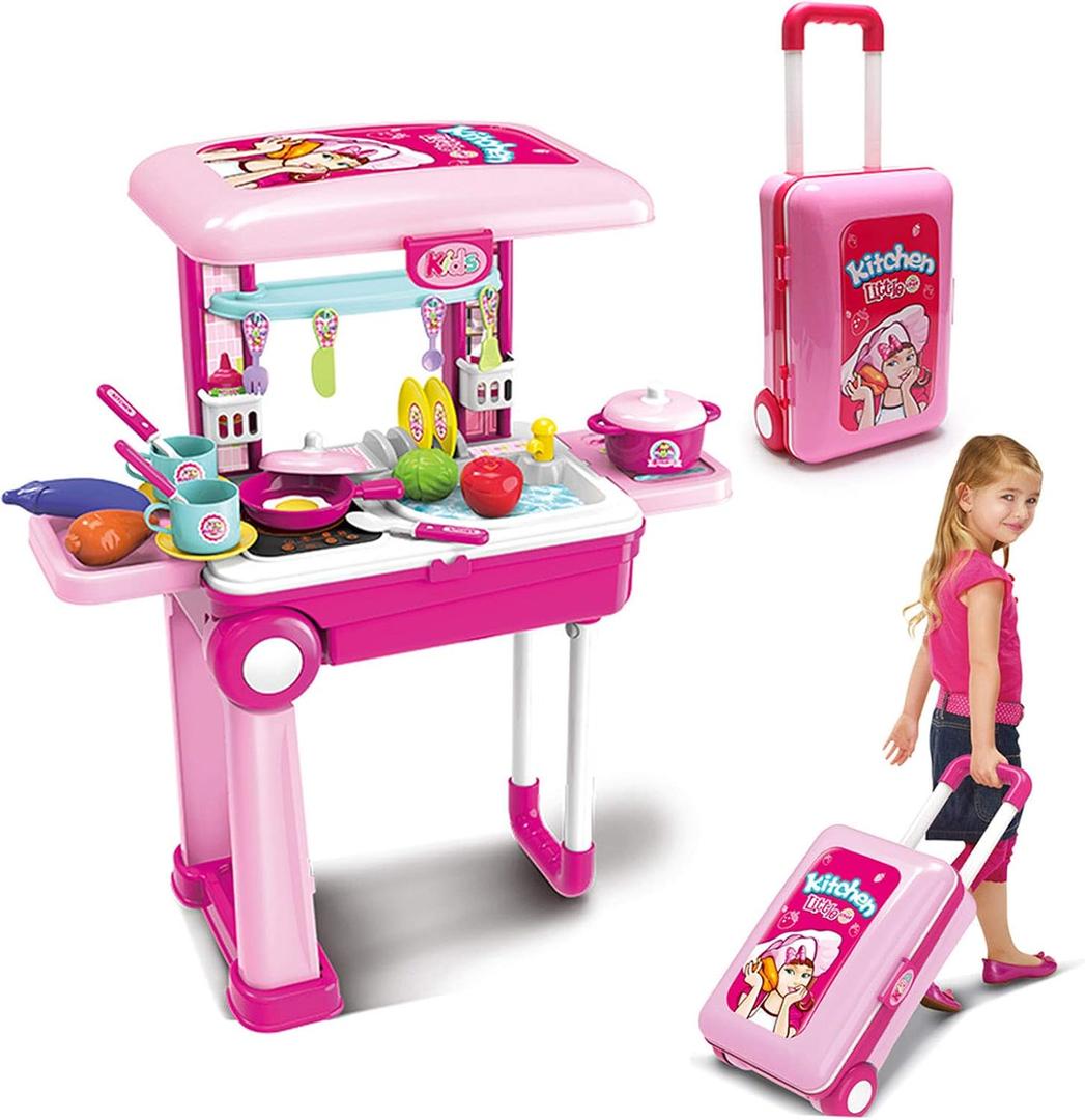 2-in-1Travel Luggage Turn into Play Kitchen, Kids Kitchen Playset Toys with 25+Play Food for Toddelers, Girls and Boys, Pretend Play, 25" H x 9.8" W x 20.8" L, 20.86" X 9.64" X 24.8"
