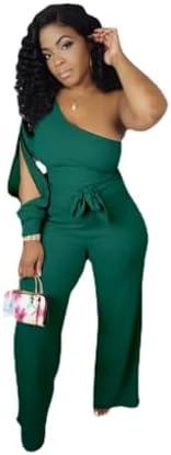 Fiocko Women's Sexy One Shoulder Slit Sleeve High Waist One Piece Pant Outfit Wide Leg Jumpsuit Romper Size S