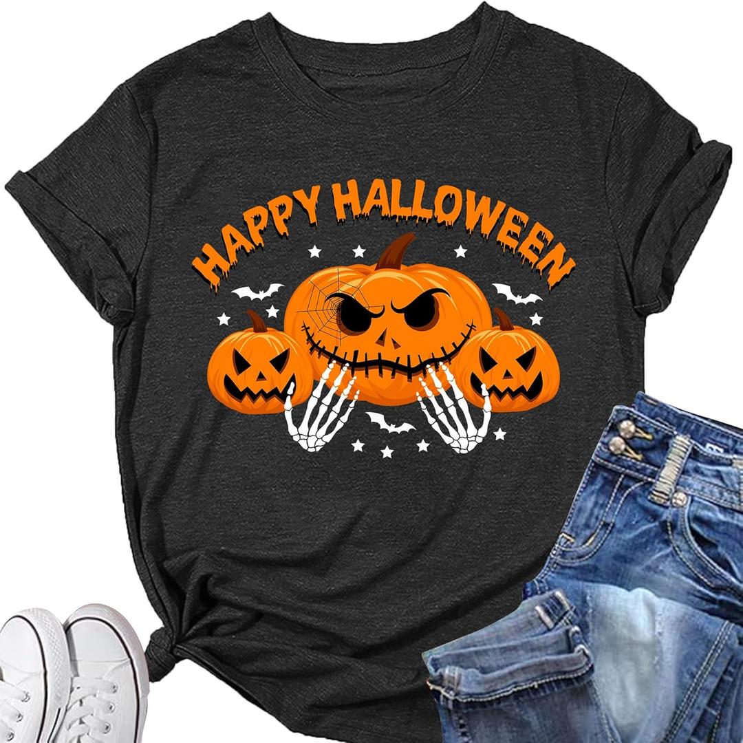 Women's Halloween Shirt:Pumpkin Art Patterns Crewneck Short Sleeve Halloween Party T-Shirt (XX-Large, Grey1)