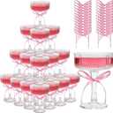 ACRYLIC Champagne Tower Set 20 Pack 7oz Shatterproof Flutes with 25 Pink Bows & 25 Dots, Stackable Plastic Coupe Glasses for Wedding, Birthday, Bridal Shower, Anniversary & Catering Events