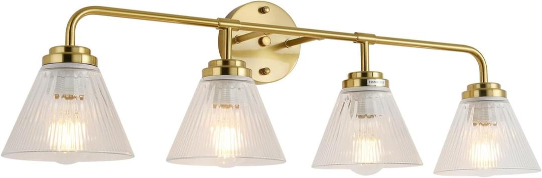 Brushed Gold Vanity Light, 4-Light Bathroom Light Fixtures Over Mirror, Clear Ribbed Glass Shade, E26 Socket, Modern Wall Sconce Lighting for Double Vanity, Up/Down Mount(Gold, 4)
