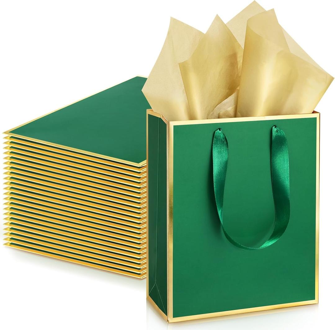 Yeaqee 24 Pack Metallic Paper Gift Bags with Handle and Tissue 9x7x3.1 Welcome Gift Thank You Bags for Wedding Father's Day Bridal Shower Groomsmen Birthday Party(Green Gold)