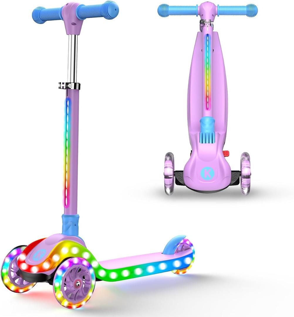 2-in-1 Adjustable Kick Scooter for Kids 3-5 (Suitable 3-12 Years),5-Level Handlebar & Removable Seat, LED Light-Up Wheels, Wide Deck, Foldable Design for Indoor/Outdoor Use - Girls & Boys
