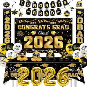 Graduation Decorations 2026 Set, Class of 2026 Party Decor Set Include Congrats Grad Banner, Graduation Backdrop, 2026 Foil Balloons, Complete Party Supplies for High School/College Celebrations
