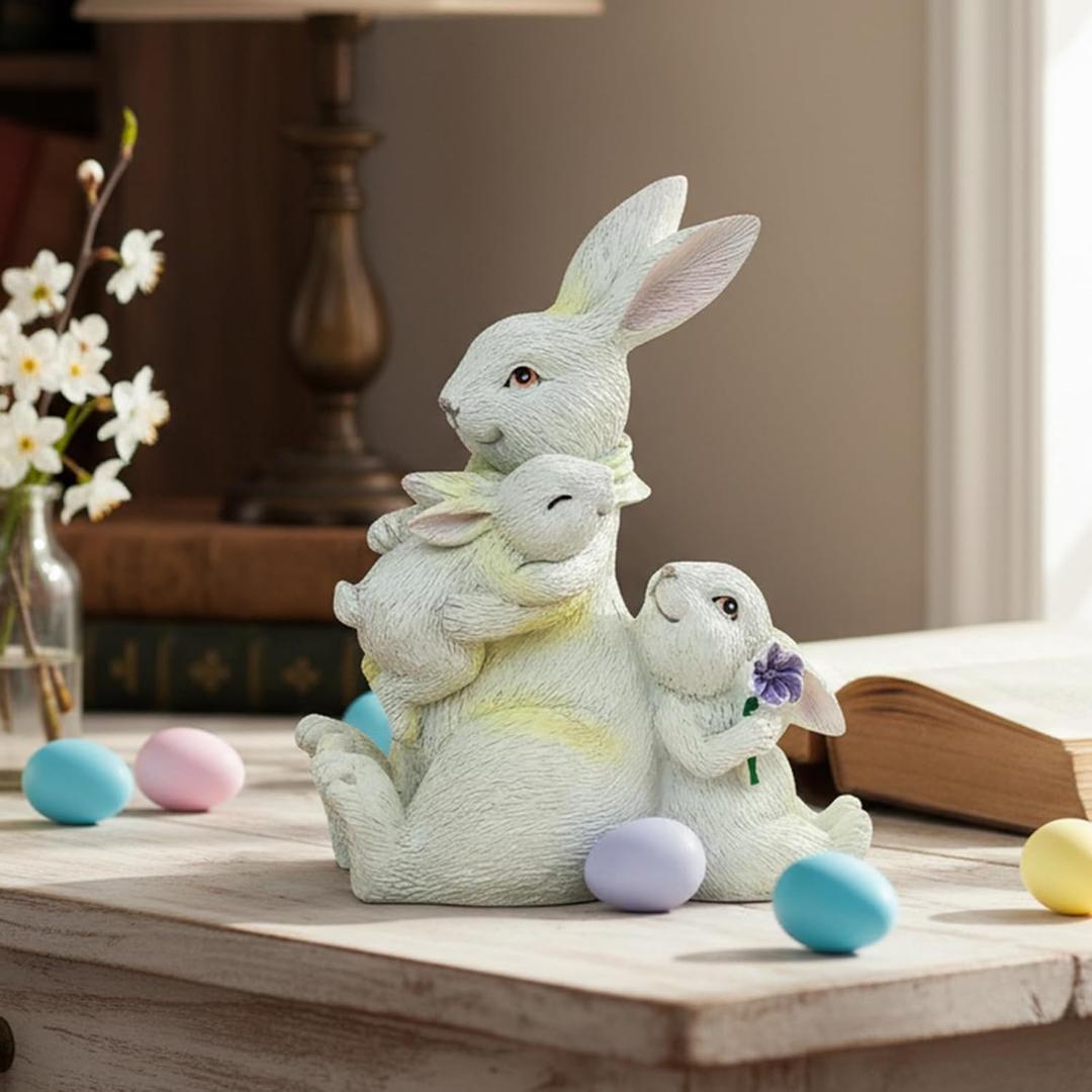 Resin Bunny Figurine, 4.5in Adorable Mom and Baby Bunnies Decor, Family Unity Easter Table Decorations, Spring Home Decor, Rabbit Ornaments for Easter Gifts(Mom and Baby)